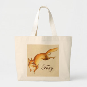"Foxy" – キツネ日本ののヴィンテージスケッチ ラージトートバッグ