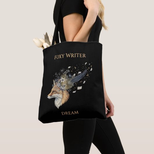 Foxy Writer Celestial Dream | 幻想的な狐と羽根ペン トートバッグ (クローズアップ)