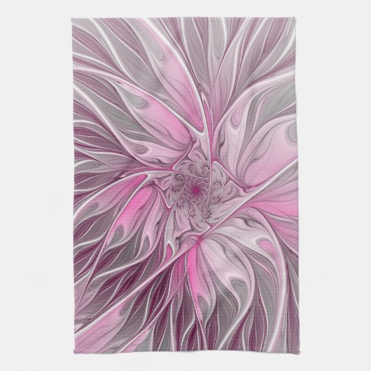 Fractal Pink Flower Dream, Floral Fantasy Pattern キッチンタオル (縦)