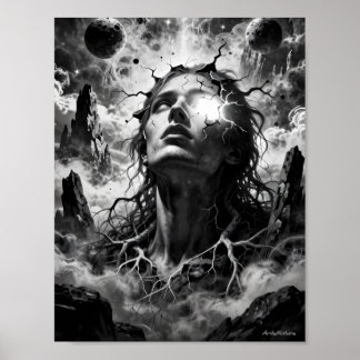 Fractured Cosmic Mind Surreal Portrait Poster ポスター