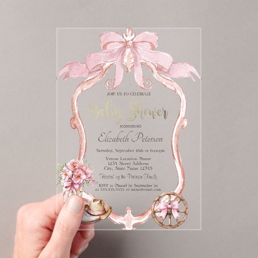 Frame Bow Cowgirl Wester Striped Baby Shower  アクリル招待状 (インサイチュ (ポータブル))