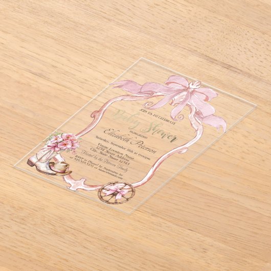 Frame Bow Cowgirl Wester Striped Baby Shower  アクリル招待状 (レイダウン)
