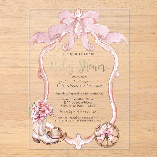 Frame Bow Cowgirl Wester Striped Baby Shower  アクリル招待状 (正面)