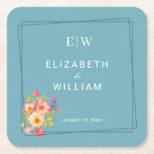 Frame with Roses, Wedding style on retro blue スクエアペーパーコースター (正面)