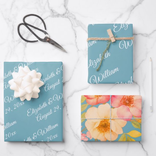  Frame with Roses, Wedding style on retro blue ラッピングペーパーシート (正面)