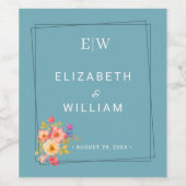  Frame with Roses, Wedding style on retro blue ワインラベル (シングルラベル)