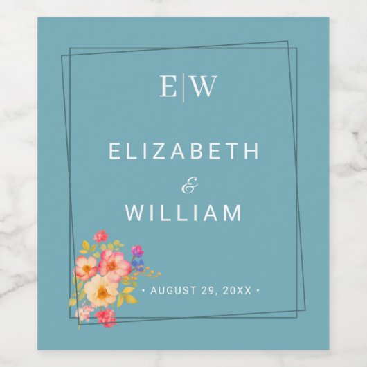  Frame with Roses, Wedding style on retro blue ワインラベル (シングルラベル)