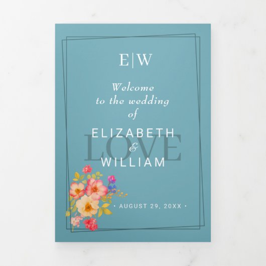  Frame with Roses, Wedding style on retro blue 三つ折りプログラム (カバー)