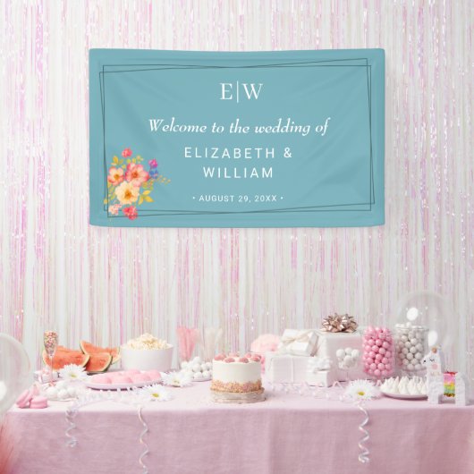Frame with Roses, Wedding style on retro blue 横断幕 (パーティー)