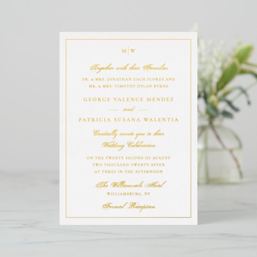 Framed Elegant Monogram Gold Foil Wedding Invite 箔招待状 (立ち正面)