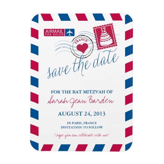 FRANCE Air MailバルミツワーSave the Date 3 x 4 マグネット (縦)