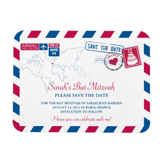 FRANCE Air MailバルミツワーSave the Date 3 x 4 マグネット (横)