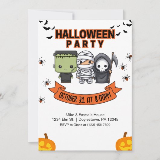 Frankenstein Mummy Grim Reaper Cute Halloween 招待状 (正面)