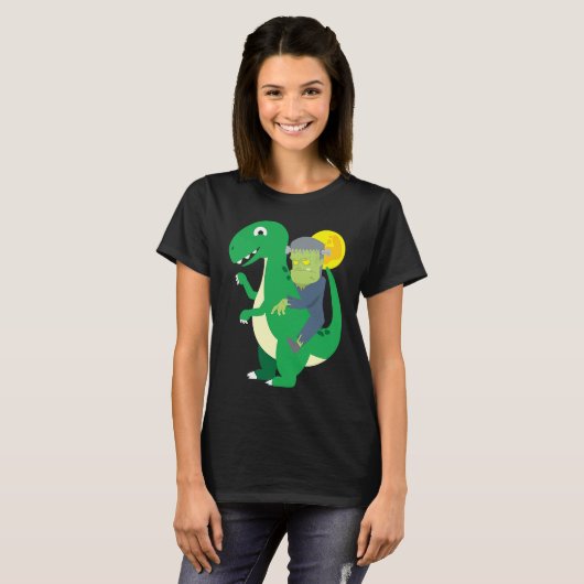 Frankenstein Riding Rex Cool Dinosaur Halloween Co Tシャツ (正面フル)