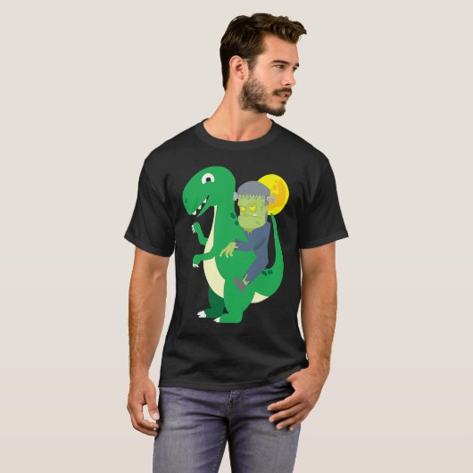 Frankenstein Riding Rex Cool Dinosaur Halloween Co Tシャツ (正面フル)