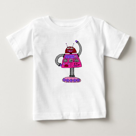 Frankie Robot：白のピンク ベビーTシャツ (正面)