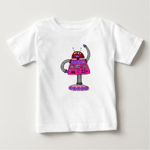 Frankie Robot:白のピンク ベビーTシャツ