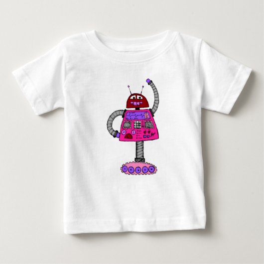 Frankie Robot:白のピンク ベビーTシャツ (正面)