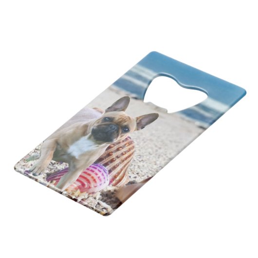 Französische Bulldogge am Strand  クレジットカード栓抜き (裏面アングル)