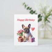 Französische Bulldogge Blumen Birthday Bulldog ポストカード (スタンド正面)