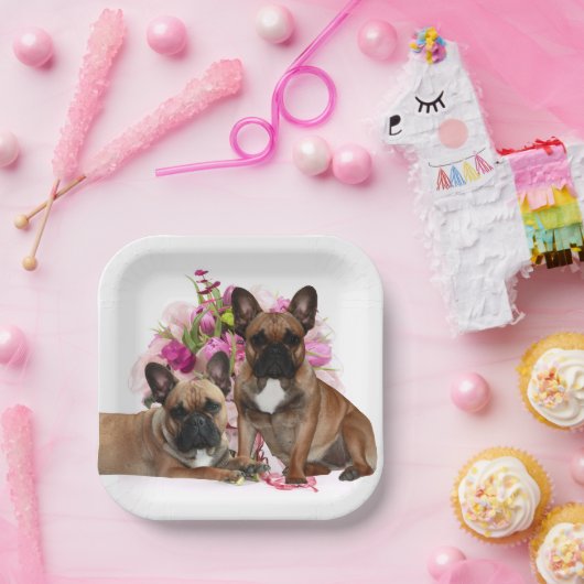 Französische Bulldogge Blumen French Bulldog Feier ペーパープレート (パーティー)