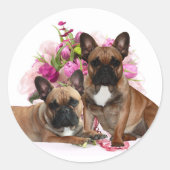 Französische Bulldogge Blumen French Bulldog Feier ラウンドシール (正面)