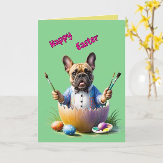 Französische Bulldogge Ei Ostern French Bulldog カード (黄色い花)