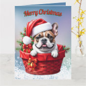Französische Bulldogge French Bulldog im Korb カード (黄色い花)