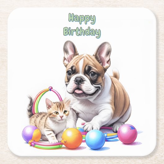 Französische Bulldogge French Bulldog mit Katze スクエアペーパーコースター (正面)