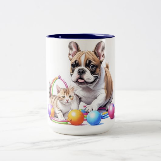 Französische Bulldogge French Bulldog mit Katze ツートーンマグカップ (中央)