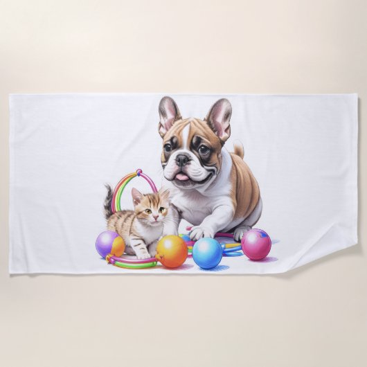 Französische Bulldogge French Bulldog mit Katze ビーチタオル (正面)
