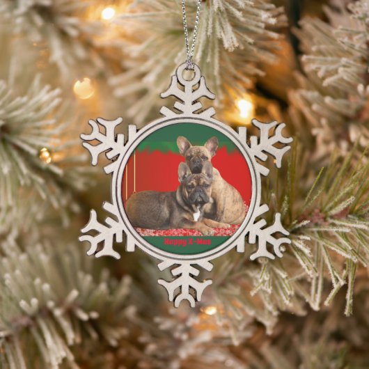 Französische Bulldogge Frohe Weihnachten Bulldog スノーフレークピューターオーナメント (ツリー)