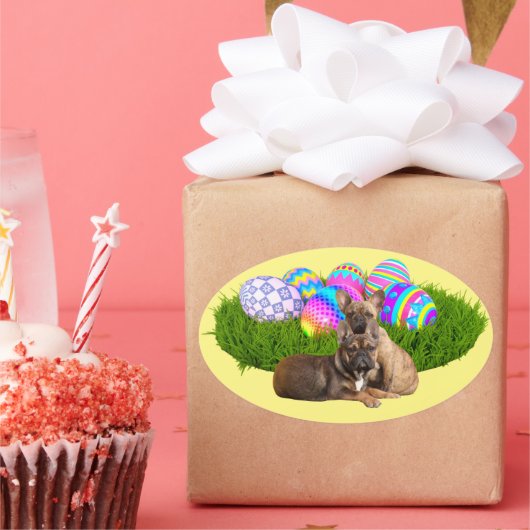 Französische Bulldogge Happy Easter French Bulldog 楕円形シール (パーティー)