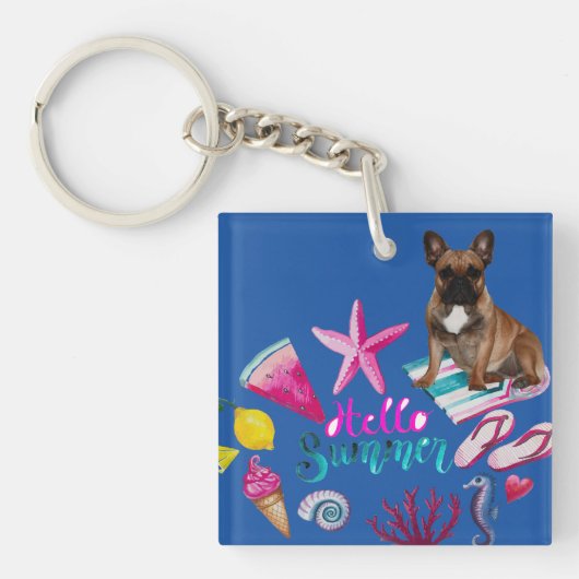 Französische Bulldogge Hello Summer French Bulldog キーホルダー (正面)