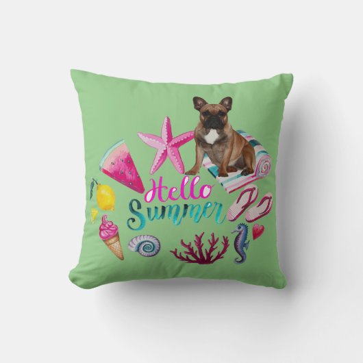 Französische Bulldogge Hello Summer French Bulldog クッション (正面)