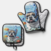 Französische Bulldogge im Urlaub French Bulldog 鍋つかみ&鍋敷きセット (正面/裏面)