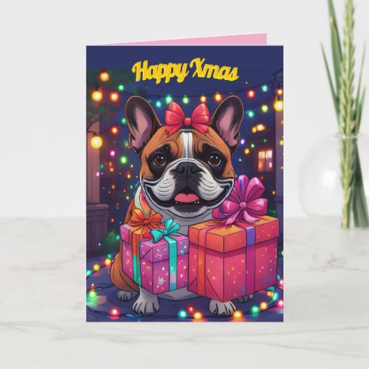 Französische Bulldogge Lichterkette Weihnachten カード (正面)