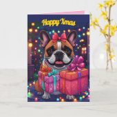 Französische Bulldogge Lichterkette Weihnachten カード (黄色い花)