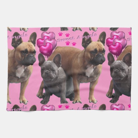 Französische Bulldogge mit Herz French Bulldog キッチンタオル (横)