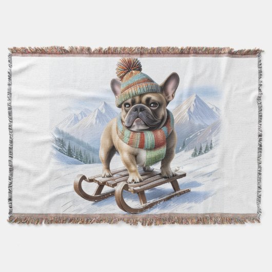Französische Bulldogge Schlittenfahrt Bulldog スローブランケット (正面)