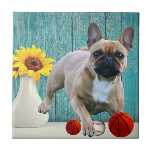 Französische Bulldogge Sonnenblume French Bulldog タイル (正面)