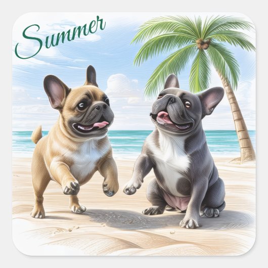 Französische Bulldoggen Strand French Bulldog スクエアシール (正面)