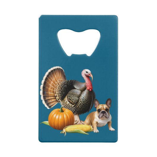  französische Bulldoggen Thanksgiving Bulldog クレジットカード栓抜き (正面)