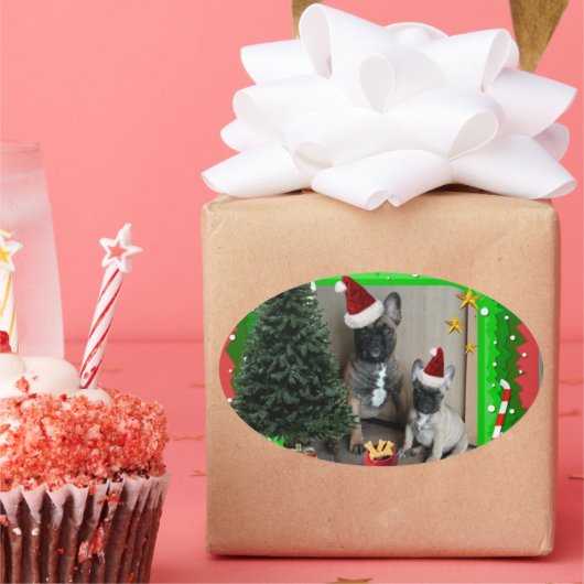 Französische Bulldoggen Weihnachten French Bulldog 楕円形シール (パーティー)