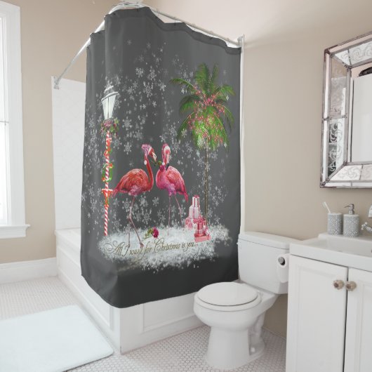 Frase de Natal Com Casal de Flamingos シャワーカーテン (インサイチュ)