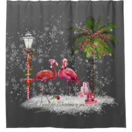 Frase de Natal Com Casal de Flamingos シャワーカーテン