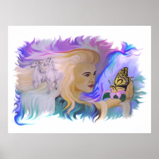 Frau mit Pferd und Schmetterling in Hand ポスター (正面)