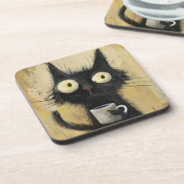 Frazzled Black Cat with Coffee on Grunge Brown コースター