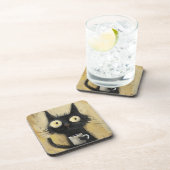 Frazzled Black Cat with Coffee on Grunge Brown コースター (右側)