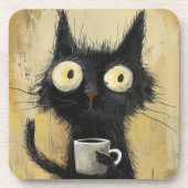 Frazzled Black Cat with Coffee on Grunge Brown コースター (正面)
